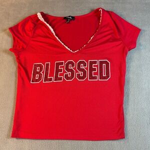 Minette Womens Blessed Rhinestone Graphic V-Neck Lace Trim Red T-Shirt Small